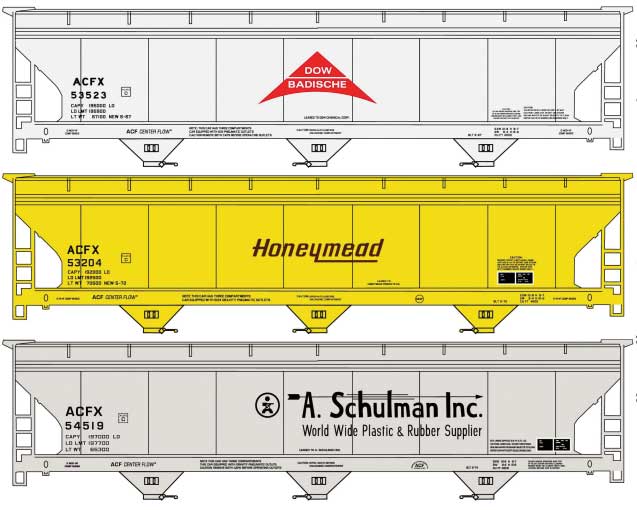 PREORDER Accurail 8176 HO ACF 47' 3-Bay Center-Flow Covered Hopper 3-Pack - Kit -- 1 Each: Dow Badische #53523, Honeymead #53204, A. Schulman #54519