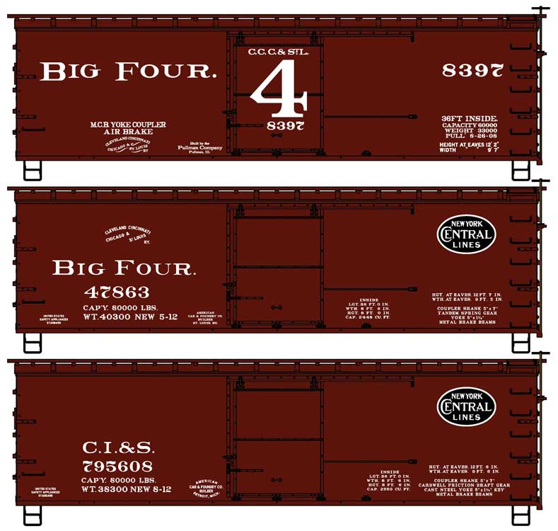 PREORDER Accurail HO 8189 36' Double-Sheathed Wood Boxcar, Steel Roof, Wood Ends 3-Pack Kit, Big Four CCC&StL #8397, 47863, Chicago, Indiana & Southern #795608