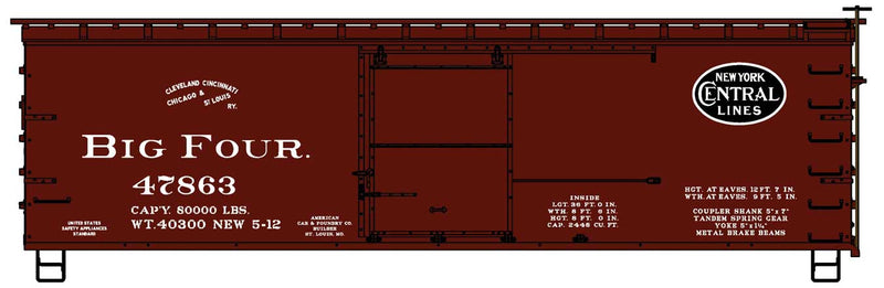 PREORDER Accurail HO 81892 36' Double-Sheathed Wood Boxcar, Steel Roof, Wood Ends, Straight Underf. Kit, Big Four CCC&StL