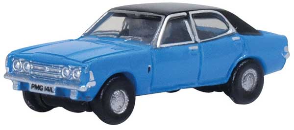 Oxford Diecast NCOR3005 1970 Ford Cortina Mark III - Assembled -- Electric Monza Blue, Black, N Scale