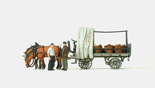 Preiser HO 30449 Working People, Farm Wagon with Vegetable Baskets, Horses & Figures
