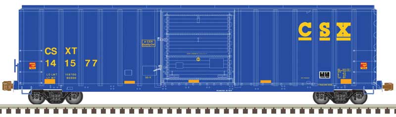 Atlas 20006206 FMC 5077 Single-Door Boxcar - Ready to Run -- CSX 141577 (blue, yellow Conspicuity Stripes), HO Scale