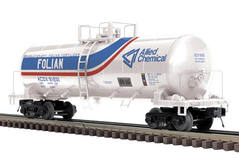 Atlas 3004034  40' Modern Tank Car - 2-Rail - Ready to Run - Premier -- Allied Chemical (Folian Fertilizer white, blue, red), O Scale