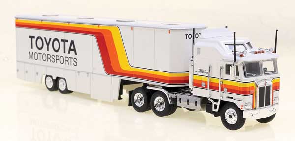 Brekina Automodelle 85739 Kenworth K100 Tractor w/Racing Trailer - Assembled -- Toyota Motorsports (white, beige, yellow, red, orange), HO Scale