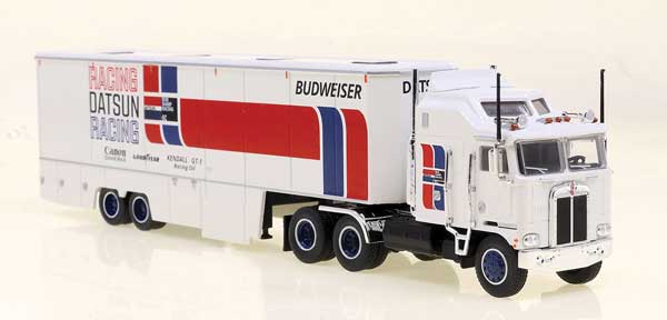 Brekina Automodelle 85740 Kenworth K100 Tractor w/Racing Trailer - Assembled -- Datsun Racing (white, red, blue), HO Scale