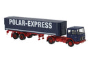 PREORDER Brekina HO 78166 1968 MAN F7 Tractor with Low-Side Covered Trailer, Assembled, Polar Express (blue, white, red, German Lettering)