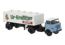 PREORDER Brekina HO 71217 1965 IFA W 50 Tractor with Beer Trailer, Assembled, Ur-Krositzer (light blue, white, German Lettering)
