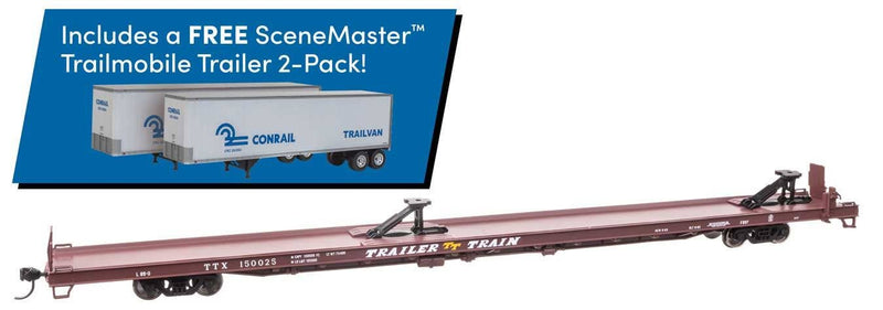 PREORDER Walthers Mainline HO 910-5731B 89' Channel Side Flatcar with 2 Trailmobile Trailers, TTX Trailer-Train