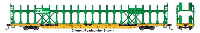 Walthers Mainline HO 8032 89' Flatcar with Bi-Level Open Auto Rack, Burlington Northern