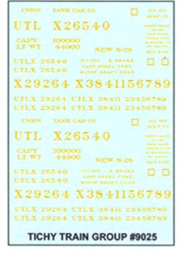 Tichy Train Group 9025-6 Ho UTLX Yel TANK CAR DECAL6car