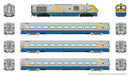 PREORDER Rapido HO 9113002 LRC Train-Only Set, Loco & 3-Cars, Standard DC, VIA Rail Set #1 #6909, Cars #3470, 3326, 3350 (gray, blue, yellow)