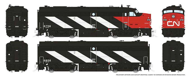 Rapido Trains 21108 MLW FPA-2u - FPB-2u Set - Standard DC -- Canadian National 6759, 6859 (black, white, red, Noodle Logo, Stripes), HO