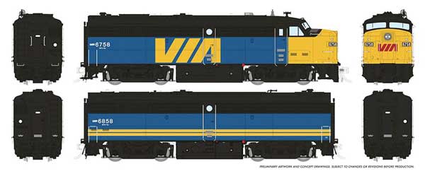 Rapido Trains 21610 MLW FPA-2u - FPB-2u Set - Sound and DCC -- VIA Rail Canada 6759, 6859 (blue, yellow, red), HO