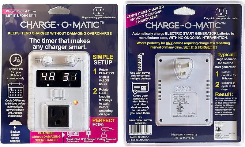 Charge-O-Matic - The Timer That Makes Any Charger Smart. Power on for up to 99 Hours, Cycle Off for up to 99 Days, Repeats indefinitely! 30 Day Timer. 60 Day Timer. 90 Day Timer. ETL Certified.