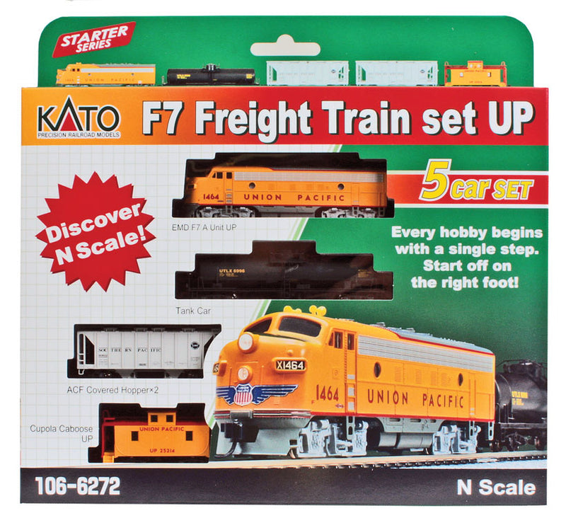 PREORDER Kato 1066272S Diesel Freight Train-Only Set - Sound and DCC -- Union Pacific F7, Tank Car, 2 Covered Hoppers, Cupola Caboose, N