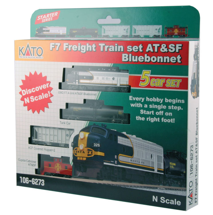 PREORDER Kato 1066273S Diesel Freight Train-Only Set - Sound and DCC -- Santa Fe F7 (Bluebonnet), Tank Car, 2 Covered Hoppers, Cupola Caboose, N