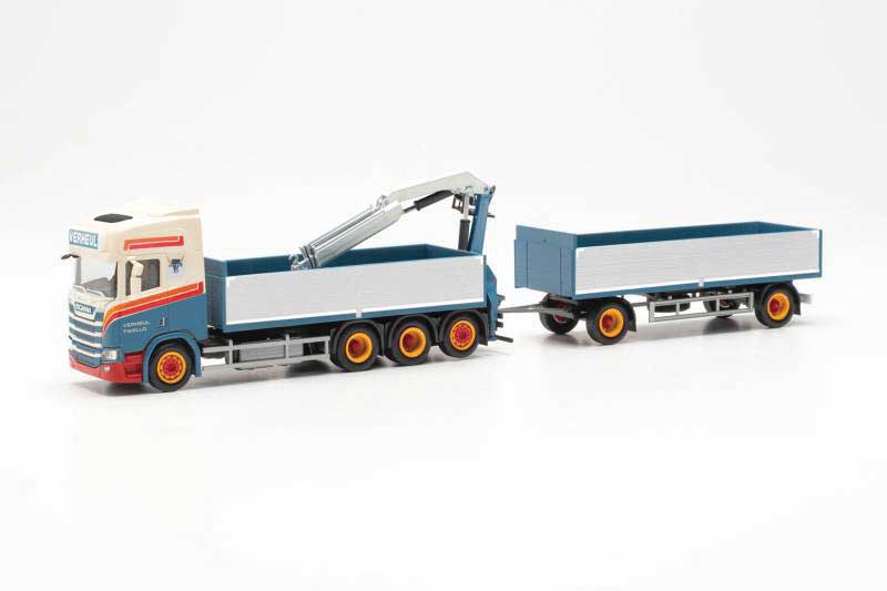 Herpa Models 316026 Scania CR 20 Low-Side Truck with Trailer and Hoist - Assembled -- Verheul (white, blue, orange, German Lettering), HO Scale