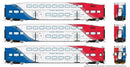 PREORDER Rapido HO 146034 Bi-Level Commuter 2 Coach and Cab Car Set, FrontRunner UTA Set #2 #109, 201, 208 (white, red, blue)