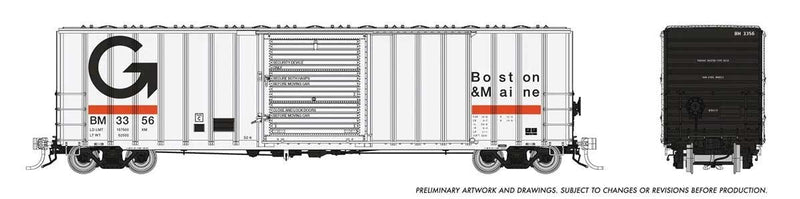 PREORDER Rapido HO 198003A Pacific Car & Foundry 5241 Cubic Foot 50' Boxcar, Guilford B&M (white, black, orange)