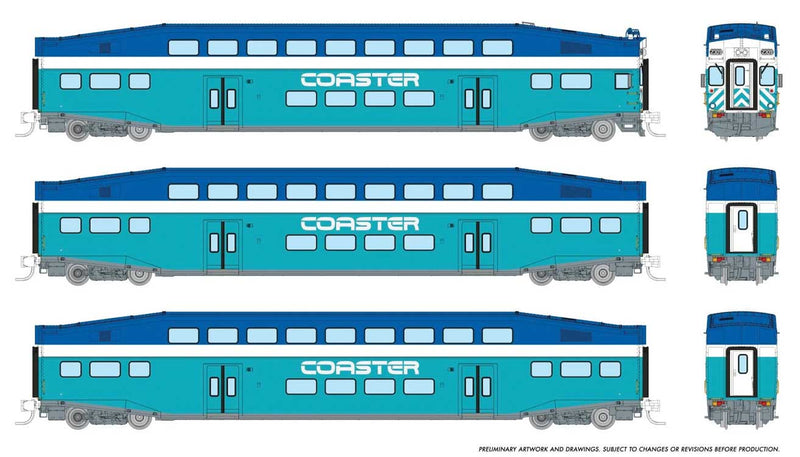PREORDER Rapido 546010 N Bilevel Commuter Cab Car & 2 Coach Set - Ready to Run -- Coaster Set #1 #2309, 2501, 2504 (Early Scheme, blue, teal, white)