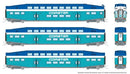 PREORDER Rapido 546011 N Bilevel Commuter Cab Car & 2 Coach Set - Ready to Run -- Coaster Set #2 #2310, 2502, 2503 (Early Scheme, blue, teal, white)