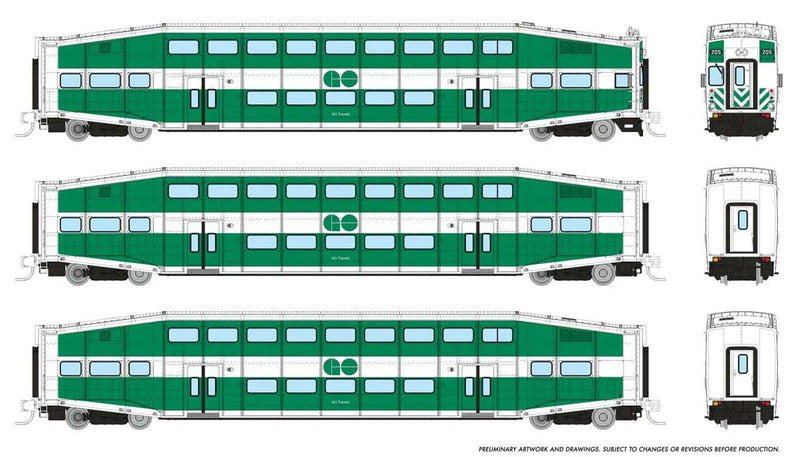 PREORDER Rapido 546013 N Bilevel Commuter Cab Car & 2 Coach Set - Ready to Run -- GO Transit Set #1 #205, 2123, 2150 (green, white)