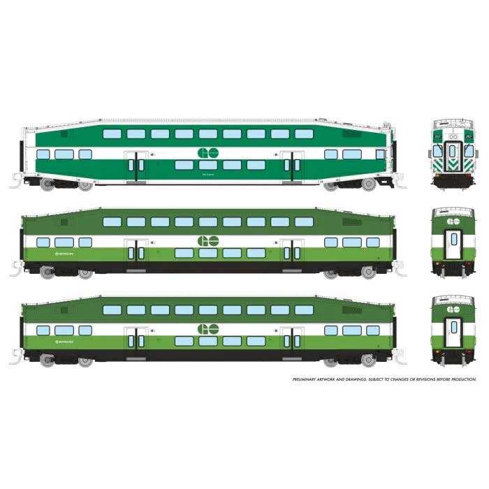 PREORDER Rapido 546016 N Bilevel Commuter Cab Car & 2 Coach Set - Ready to Run -- GO/Metrolinx Set #1 #255, 2808, 2844 (green, white)