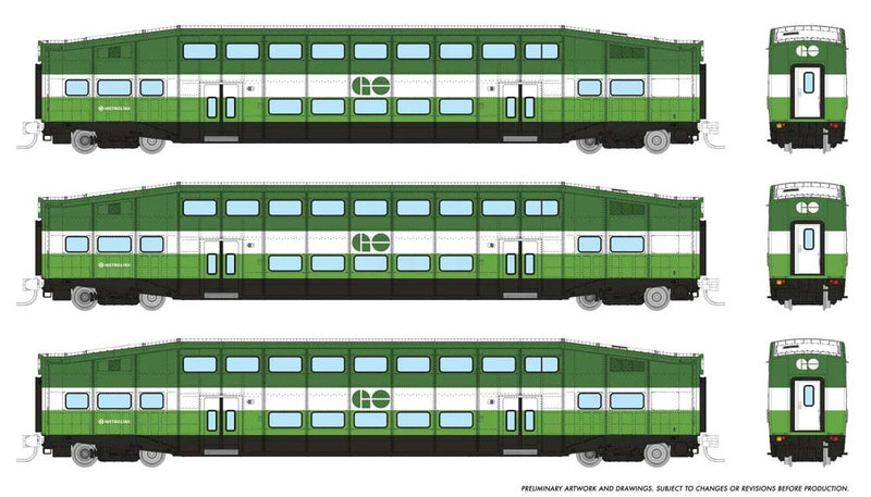 PREORDER Rapido 546018 N Bilevel Commuter Coach 3-Pack - Ready to Run -- GO/Metrolinx