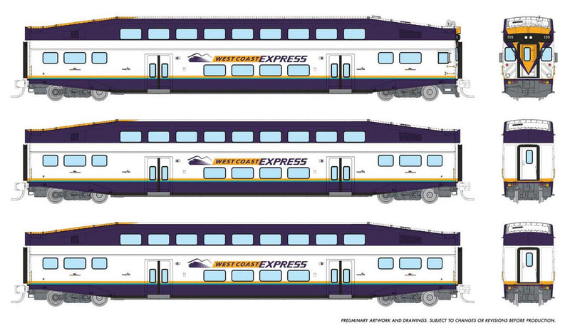 PREORDER Rapido 546032 N Bilevel Commuter Cab Car & 2 Coach Set - Ready to Run -- West Coast Express Set #2 #109, 301, 305 (white, blue, yellow)