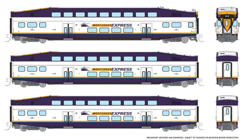 PREORDER Rapido 546031 N Bilevel Commuter Cab Car & 2 Coach Set - Ready to Run -- West Coast Express Set #1 #108, 304, 308 (white, blue, yellow)