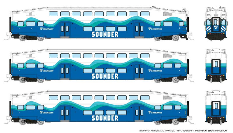 PREORDER Rapido 546023 N Bilevel Commuter Cab Car & 2 Coach Set - Ready to Run -- Sounder Set #2 #305, 402, 408 (white, blue, green)