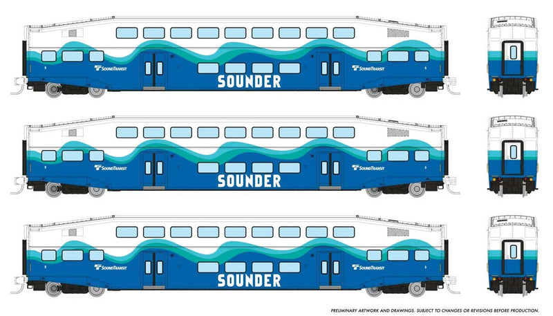 PREORDER Rapido 546024 N Bilevel Commuter Coach 3-Pack - Ready to Run -- Sounder