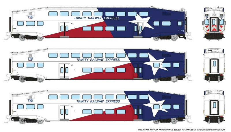 PREORDER Rapido 546025 N Bilevel Commuter Cab Car & 2 Coach Set - Ready to Run -- Trinity Rail Express Set #1 #1004, 1060 1063 (red, white, blue)