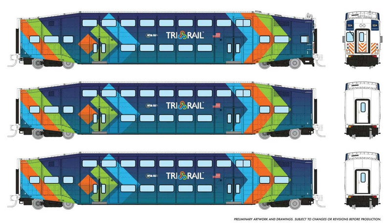 PREORDER Rapido 546028 N Bilevel Commuter Cab Car & 2 Coach Set - Ready to Run -- TriRail Set #1 #501, 1004, 1009 (dark blue, light blue, orange, green)