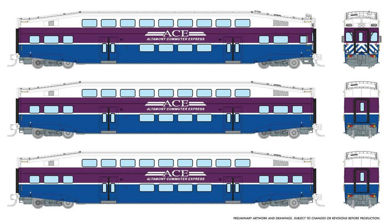 PREORDER Rapido 546001 N Bilevel Commuter Cab Car & 2 Coach Set - Ready to Run -- Altamont Commuter Express Set #1 #3305, 3212, 3216 (white, purple, blue)