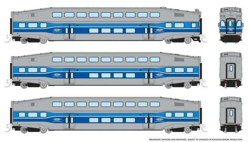 PREORDER Rapido 546005 N Bilevel Commuter Cab Car & 2 Coach Set - Ready to Run -- AMT Montreal Set #2 #2003, 2021, 2035 (blue, gray)