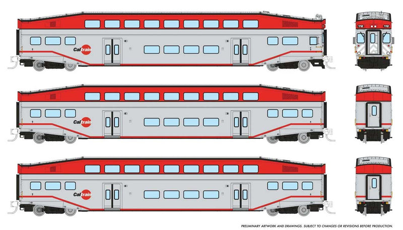 PREORDER Rapido 546007 N Bilevel Commuter Cab Car & 2 Coach Set - Ready to Run -- CalTrain Set #1 #119, 231, 234 (silver, red)