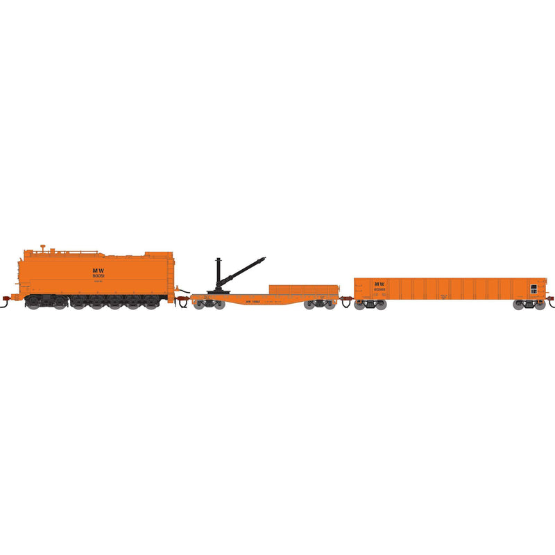 PREORDER Athearn ATH-1821 HO MOW Set, Orange Fuel Oil Tank Car #90051/Derrick Car #110667/52' Mill Gondola #120568 (3)