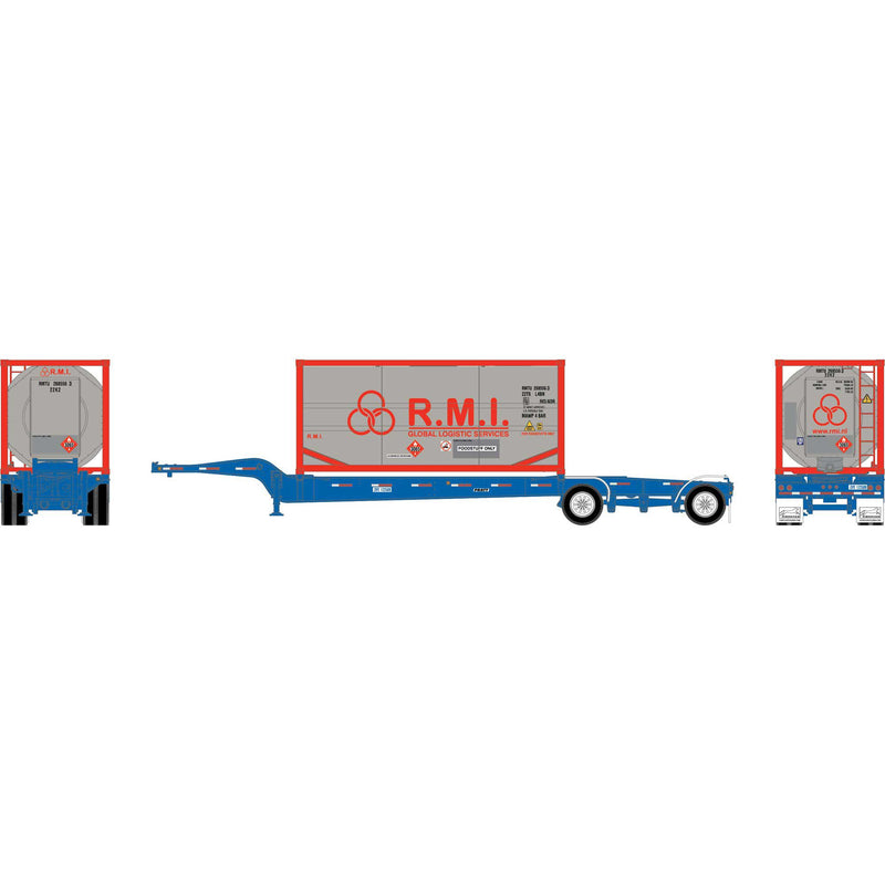 PREORDER Athearn ATH-2113 HO Drop-Frame Spread-Axle Chassis w/Container, Chassis- Blue #122589; Container- RMTU #268647 8