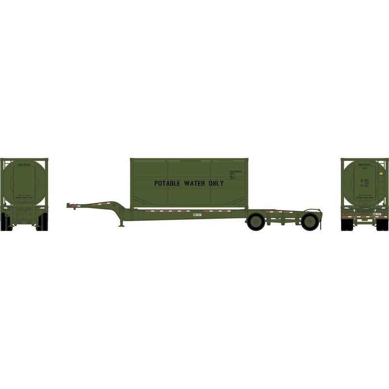 PREORDER Athearn ATH-2116 HO Drop-Frame Spread-Axle Chassis w/Container, Chassis- Green #122477; Container- USAU #225549 1