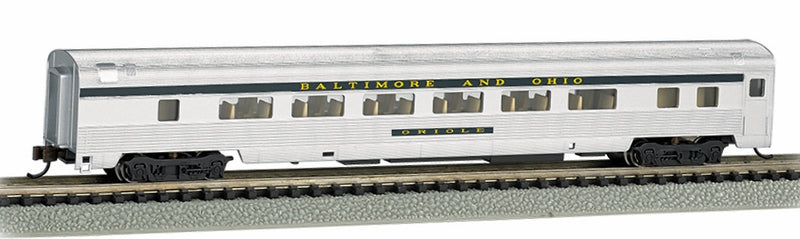 Bachmann Silver Series N 14753 85' Streamline Fluted-Side Coach, Baltimore and Ohio "Oriole" (Lighted)