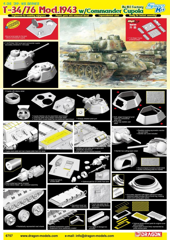 Dragon Models DML 6757 1/35 T-34/76 Mod.1943 w/Commander Cupola No.183 Factory