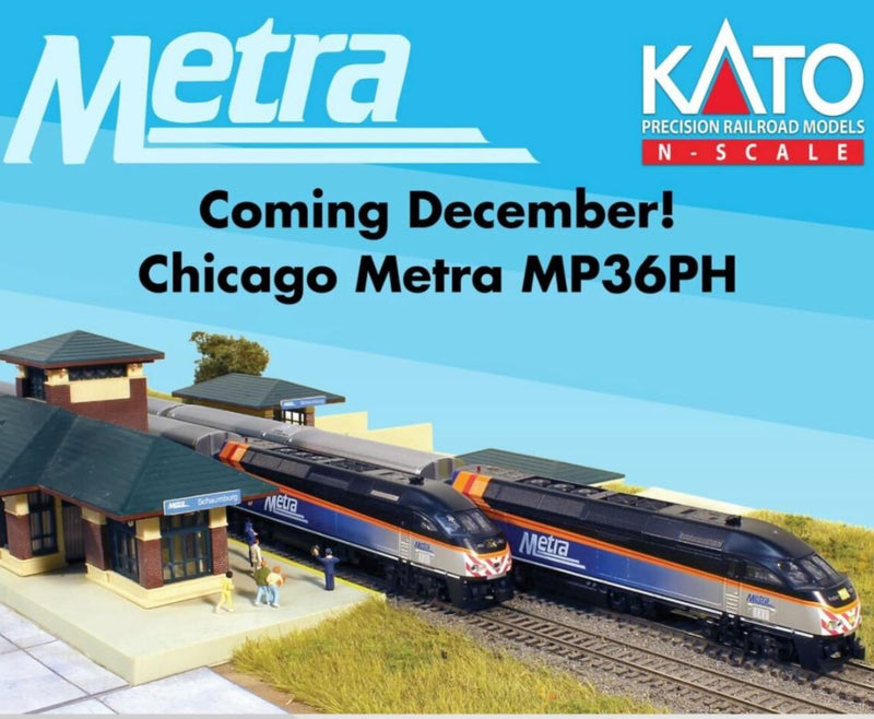 PREORDER Kato 10687011 Chicago Metra Bi-Level Commuter Train-Only Set with Lights - Standard DC -- MP36PH, 2 Bi-Level Coaches, Bi-Level Cab Car, N