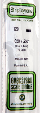 Evergreen Scale Models 129 Styrene Strip .020" Thick - 14" Long; pkg(10) -- x .250", A Scale