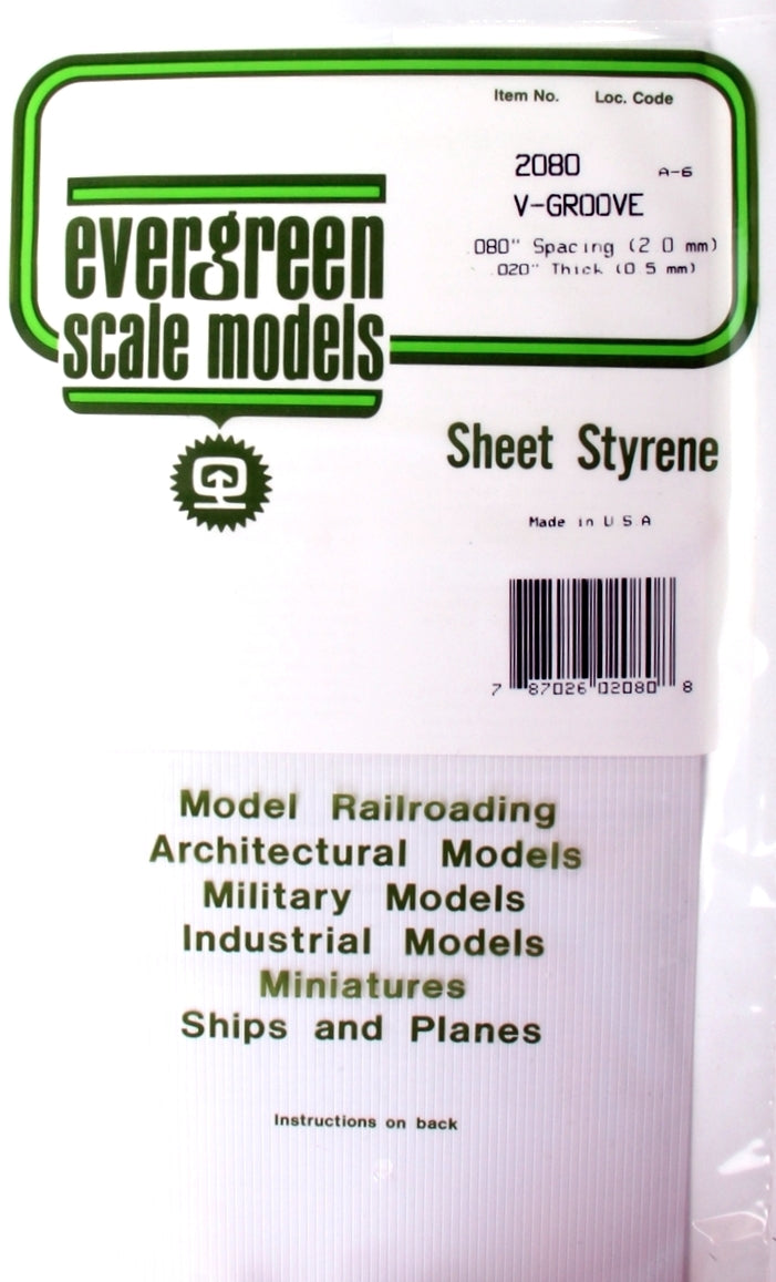 Evergreen Scale Models 2080 6" x 12" V-Groove Sheet .020" x .080"