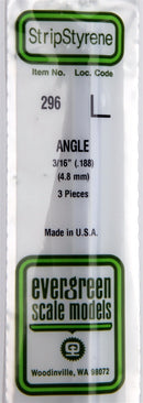 Evergreen Scale Models 296 14" Styrene Angles -- .188" .48cm pkg(3), A Scale
