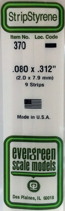 Evergreen Scale Models 370 Opaque White Styrene Strips .080" Thick, 24" Long -- .312" Wide pkg(9), A Scale