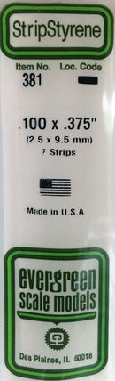 Evergreen Scale Models 381 Opaque White Styrene Strips .100" Thick, 24" Long -- .375" Wide pkg(7), A Scale