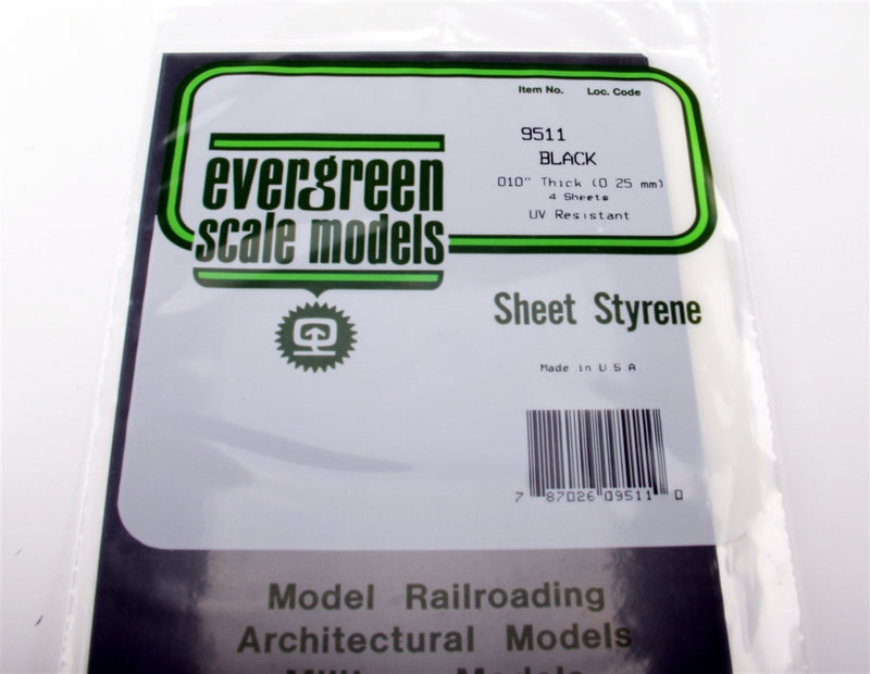 Evergreen Scale Models 9511 6" x 12" Black Styrene Sheet .010" (4)