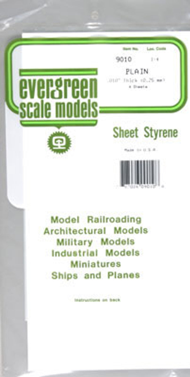 Evergreen Scale Models 9010 Styrene Sheet Plain - 6 x 12" 15.2 x 30.5cm -- .010" .03cm pkg(4), A Scale